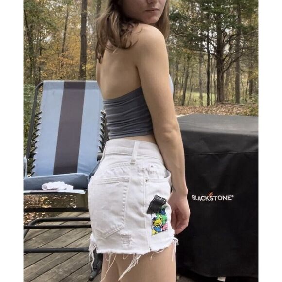 Upcycled High Rise Jean Shorts Reworked Grunge Concert Grateful Dead Bears S 25 - Picture 11 of 15